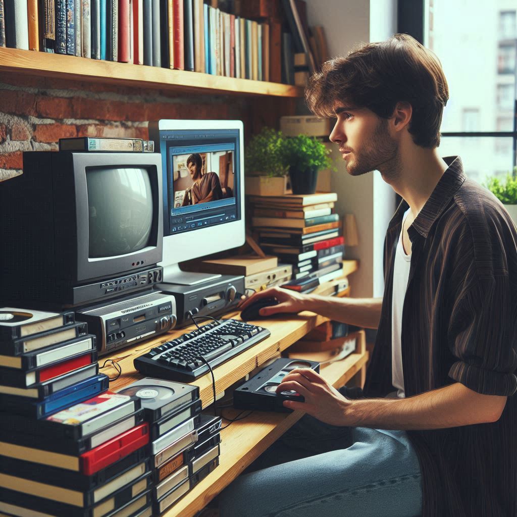 Jongeman aan het werk met oude videobanden